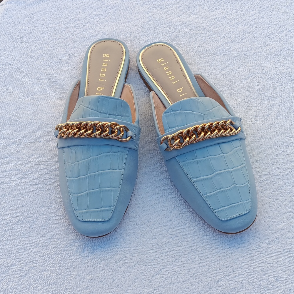 GIANNI BINI Gold Chain Blue Leather Slide Loafer - 8M